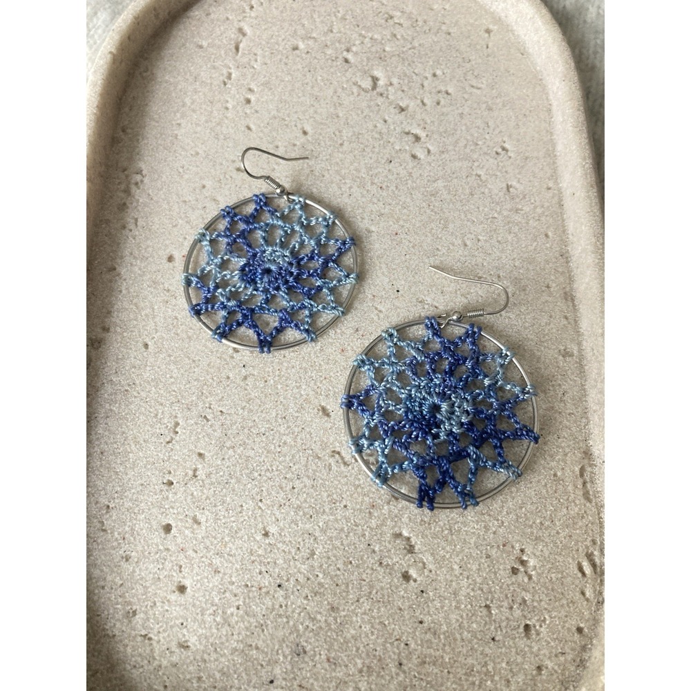 Boho Blue Crochet Hoop Dangle Earrings Mandala Dreamcatcher Silver Tone Bold